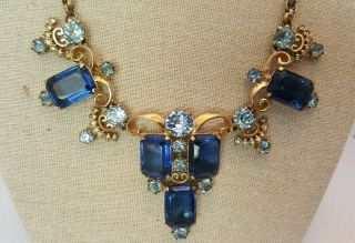 Rare Vintage Signed Schiaparelli Blue Gold Tone Glass Stone Rhinestone Necklace