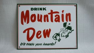 Vintage Mountain Dew Soda Pop Gasoline Oil Porcelain Sign Gas Station Pump Drink