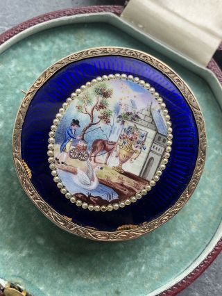 Georgian Antique Large Round Blue Enamel Painting Miniature Gold Brooch Pin