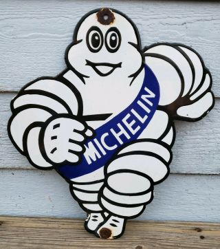 Vintage Old Michelin Man Tires Porcelain Enamel Sign Gas Fuel Station Repairs