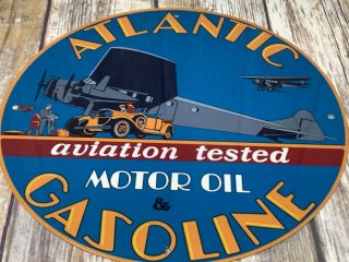 Vintage Atlantic Aviation Motor Oil & Gasoline Advertising 12 " Porcelain Sign