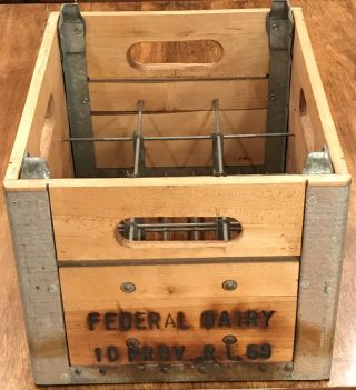 Vintage 1959 Federal Dairy Co Wooden Metal Milk Crate Providence Old Stock