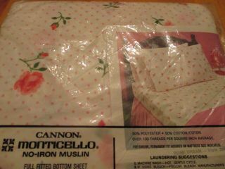 Vtg Cannon Full Size Fitted Bed Sheet Pink Rose Dream Fabric NIP NOS Dots Roses 3