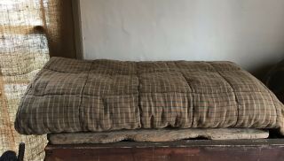 Early Antique Double Sided All Brown Mustard & Blue Homespun Quilt Textile Aafa