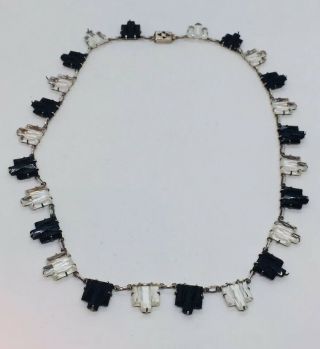 Antique Art Deco Sterling Silver Clear & Black Crystal Necklace