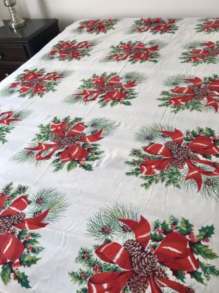 Vintage Tablecloth Wilendur Christmas Holly Berry Pine Cone Bows Banquet 61”x82”