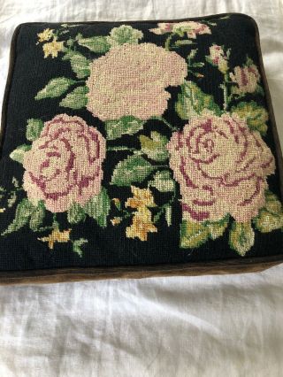 Vintage Wool Needlepoint Pillow Pink Cabbage Rose Floral Black