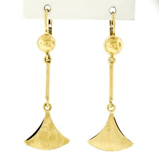 Vintage Italian 18k Yellow Gold Long Brushed Fan Pendulum Drop Dangle Earrings