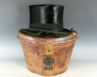 Antique Silk Top Hat And Leather Hat Box 19thc