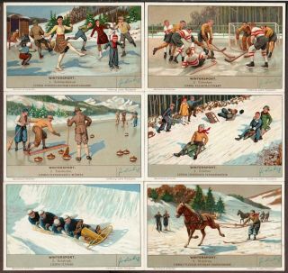 Liebig S - 1423 " Winter Sports Ii " Full Set Of 6 Vintage Trade Cards 1940 German