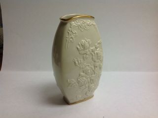 Lenox Fine China Vase Bone White Gold Trim Raised Rose Bush Pattern 8 " Tall