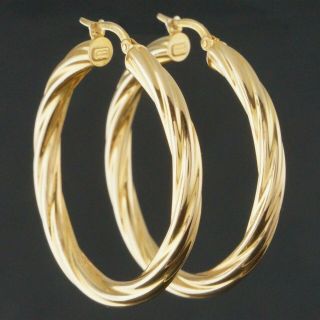 Large Unoaerre Solid 14k Yellow Gold,  1 1/2 " Estate Latchback Hoop Earrings