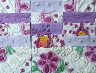 15 Vintage Chenille Bedspread Quilt Fabric 6 " Squares Blocks Purple & White
