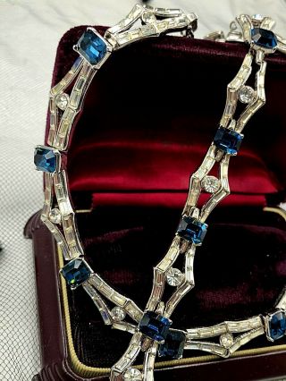 Fabulous Art Deco Trifari Signed Necklace & Bracelet Set Sapphire Blue Baguettes