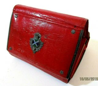 Antique Red Leather & Enamel/silk Lined Purse - Inc Ladies Dance Card