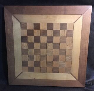 Antique 1940? Hand Made Folk Art Wooden Inlaid Checker Game Board Chess