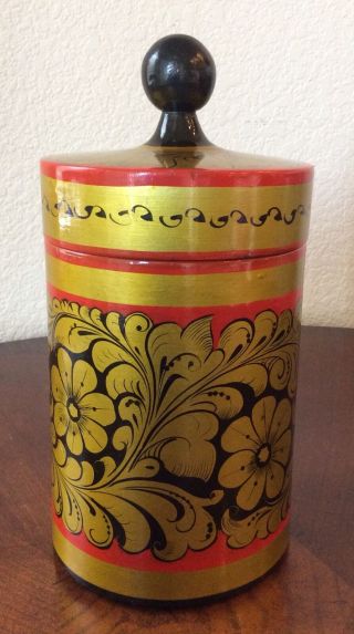 Vintage Khokhloma Russian Lacquer Wood Hand Painted Container Canister W/ Lid