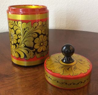 Vintage Khokhloma Russian Lacquer Wood Hand Painted Container Canister W/ Lid 2