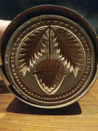 19th Century Antique Hand Carved Wooden Butter Mold W/ Acorn & Leaves Stamp