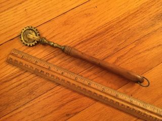 18th To Early 19th Century Pie Crimper W Brass Wheel & Extra Long Wooden Handle
