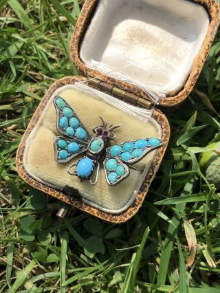 Antique Silver Articulated Butterfly Bug Brooch Turquoise Ruby Eyes Pin
