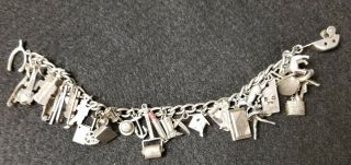 Vintage Antique Sterling Silver Charm Bracelet With 29 Unique Charms
