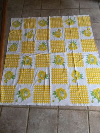 Vintage Linen Tablecloth Floral Print Flowers Roses Yellow Checkered 52x48 Guc