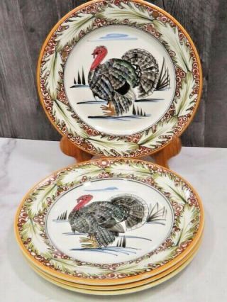 Set 4 Vintage M Lupi Hand Painted Turkey Thanksgiving Plates 10.  25 " Majolica Htf