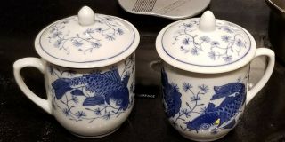 2 Asian Blue / White Koi Fish Mug Cup With Lid