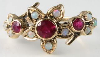 Custom Order 9k 9ct Gold Indian Ruby & Opal Flower Art Deco Ins Ring Size S (uk)