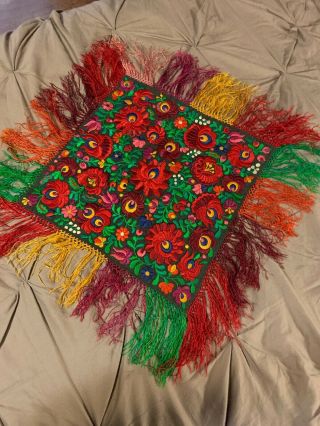 Vintage Hungarian Kalocsa Hand Embroidered Doily Fringed Silk Ornamental Mat