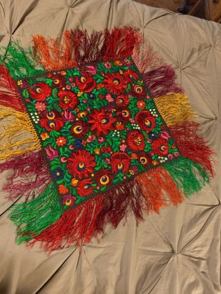 Vintage Hungarian Kalocsa Hand Embroidered Doily FRINGED SILK Ornamental Mat 2