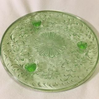 Antique Green Depression Glass Cake Stand Plate Shaggy Daisy Late 1920’s Rare