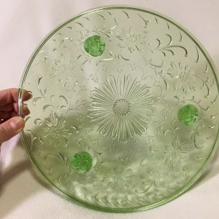 Antique Green Depression Glass Cake Stand Plate Shaggy Daisy Late 1920’s Rare 2
