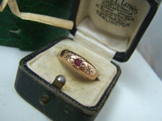 Vintage Antique 18ct Gold Ruby Diamond Gypsy Ring Band Size O 7 Rare