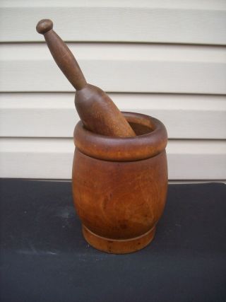 Large Antique Primitive Wooden Mortar & Pestle Apothecary Old Woodenware