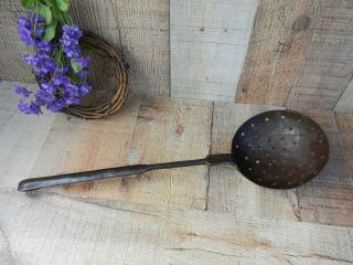 Early Primitive Hand Forged Iron Skimmer Ladle Large Hearth Oven Kettle Skimmer