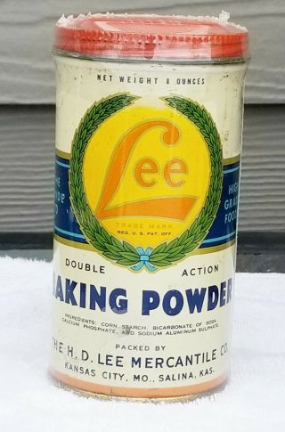 Vintage H.  D.  Lee Tin Baking Powder Tin Can 8 Oz Rare Size Kansas City Salinas Ks