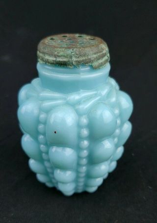 Antique Blue Milk Glass Sugar Shaker Ornate Pattern Sheared Ground Lip