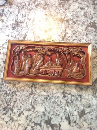 Vintage Chinese Asian Framed Wood Carving High Relief Plaques Wall Decor 16 X 8
