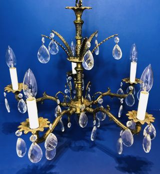 Vintage Brass Chandelier Glass Crystal Prism 5 Arm Chandelier Light Fixture 19 "
