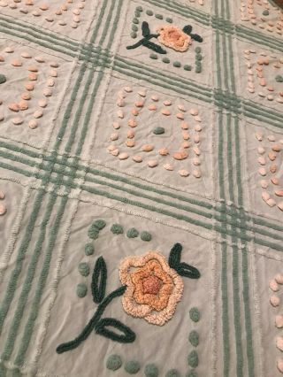 Green And Peach Floral Vintage Chenille Bedspread Piece