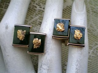 Vintage 12k Gold Filled Alaskan Green Nephrite Jade 22k Gold Nugget Cufflinks