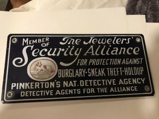 Vintage Pinkertons Nat Detective Porcelain Sign The Jewelers Security Alliance