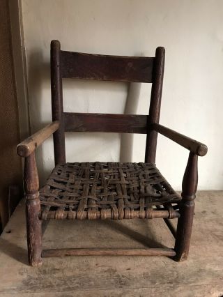 Old Antique Handmade Doll Childs Ladder Back Chair Worn Red Paint Aafa