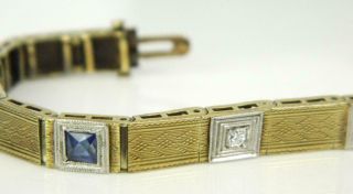 Platinum Top Art Deco Diamond & Blue Stone 14k Yellow Gold Panel Link Bracelet
