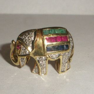 Vintage 14k Gold Elephant Ring Emerald Ruby Sapphire Diamonds Ring Size 7.  5