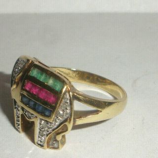 Vintage 14k gold elephant ring emerald ruby sapphire diamonds ring size 7.  5 3