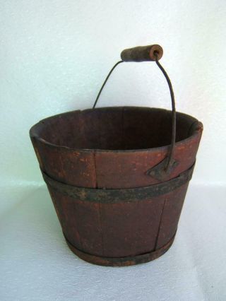 Antique Shaker Miniature Wooden Bucket Stave Bail Handle Red Paint 4 " Very Cute