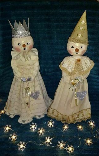 Primitive Folk Art Snow Girl Dolls Set Of 2 Snowman Christmas Maddys Treasures